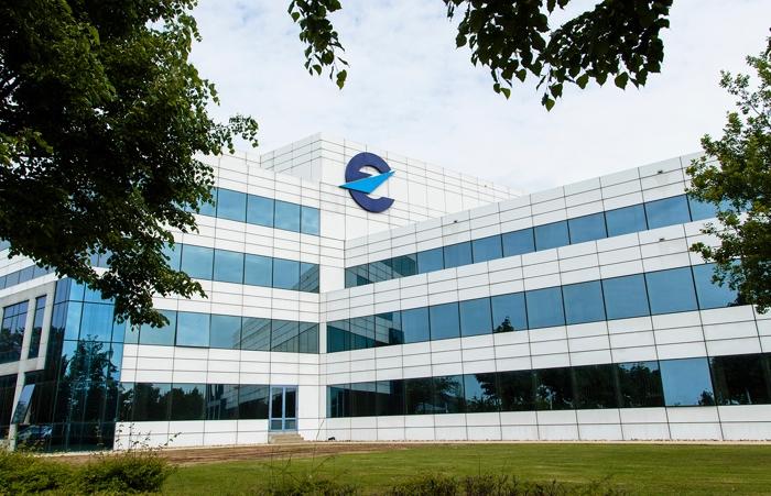 EUROCONTROL headquarters building in Brussels with the organisation logo on the facade