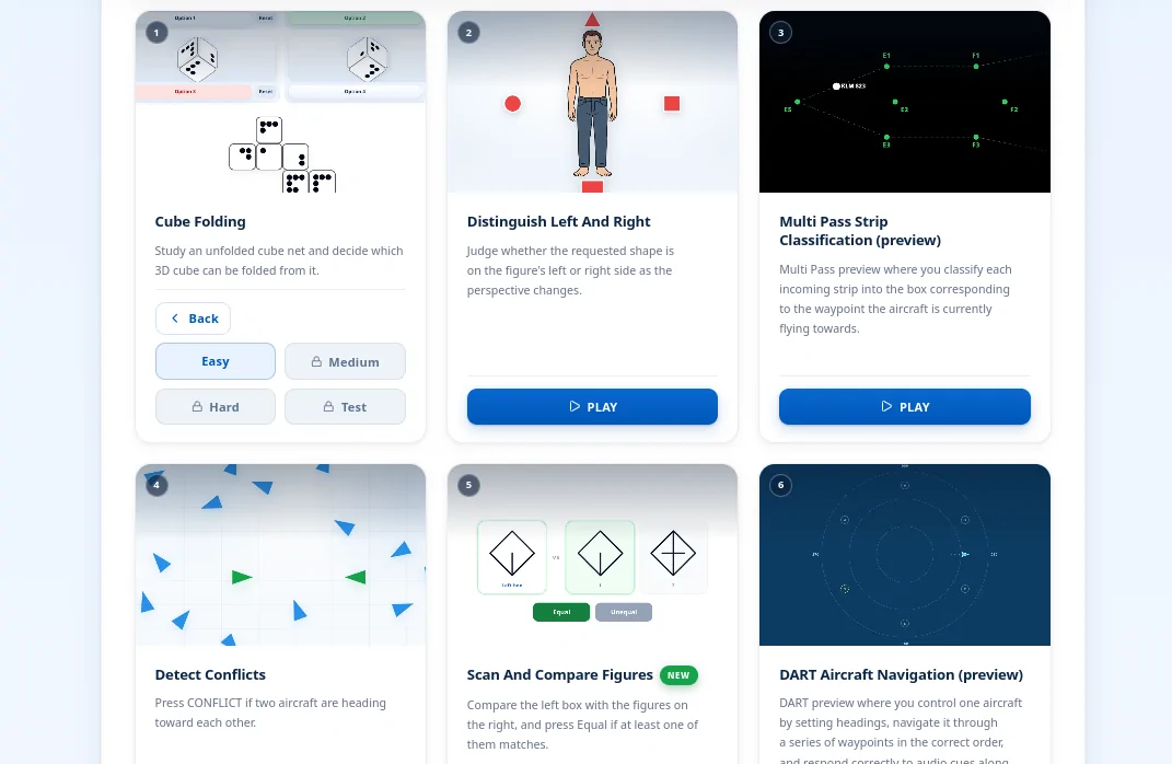 Free FEAST training modules: Cube Folding, Distinguish Left and Right, Multi Pass strip classification, Detect Conflicts, Scan and Compare Figures, and DART Aircraft Navigation