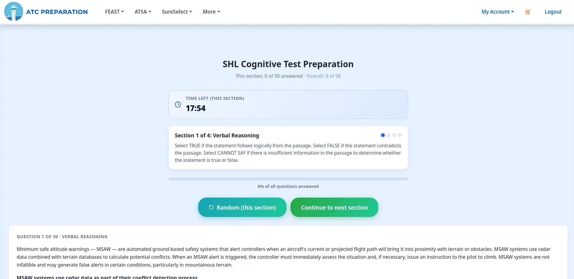 SHL-style verbal reasoning section with timer and True, False, Cannot Say instructions