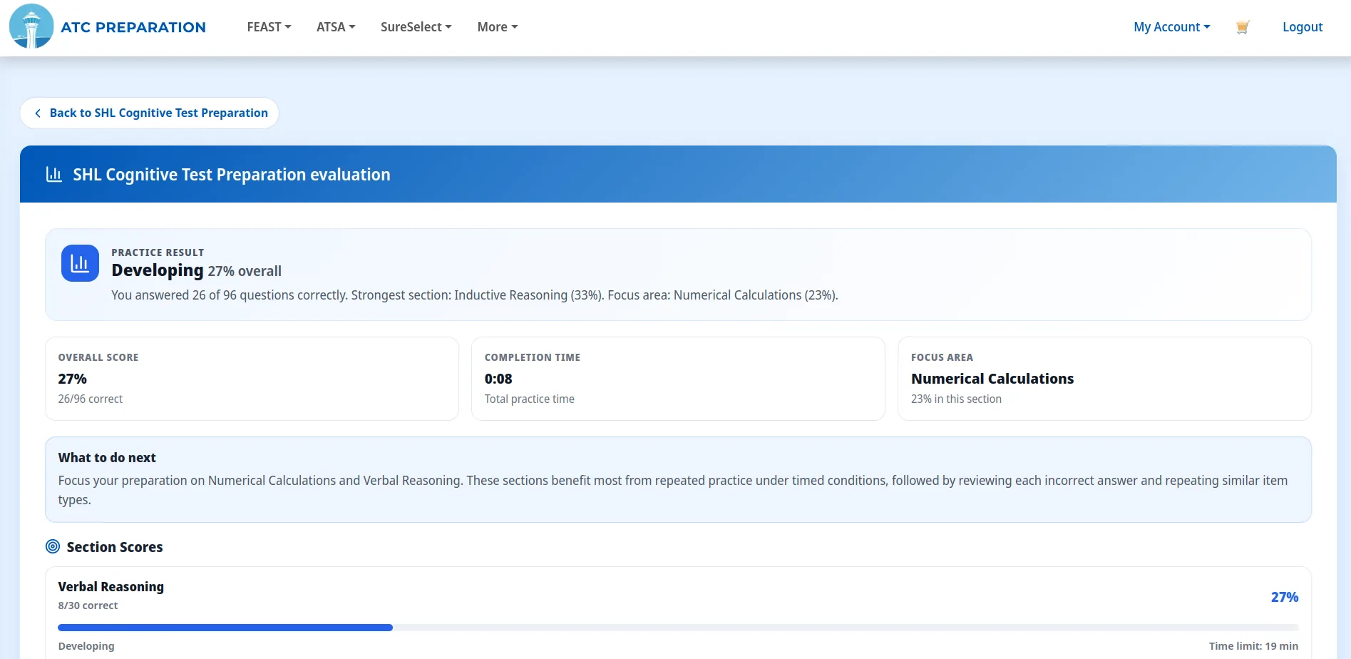 Practice test evaluation showing overall score and section focus area
