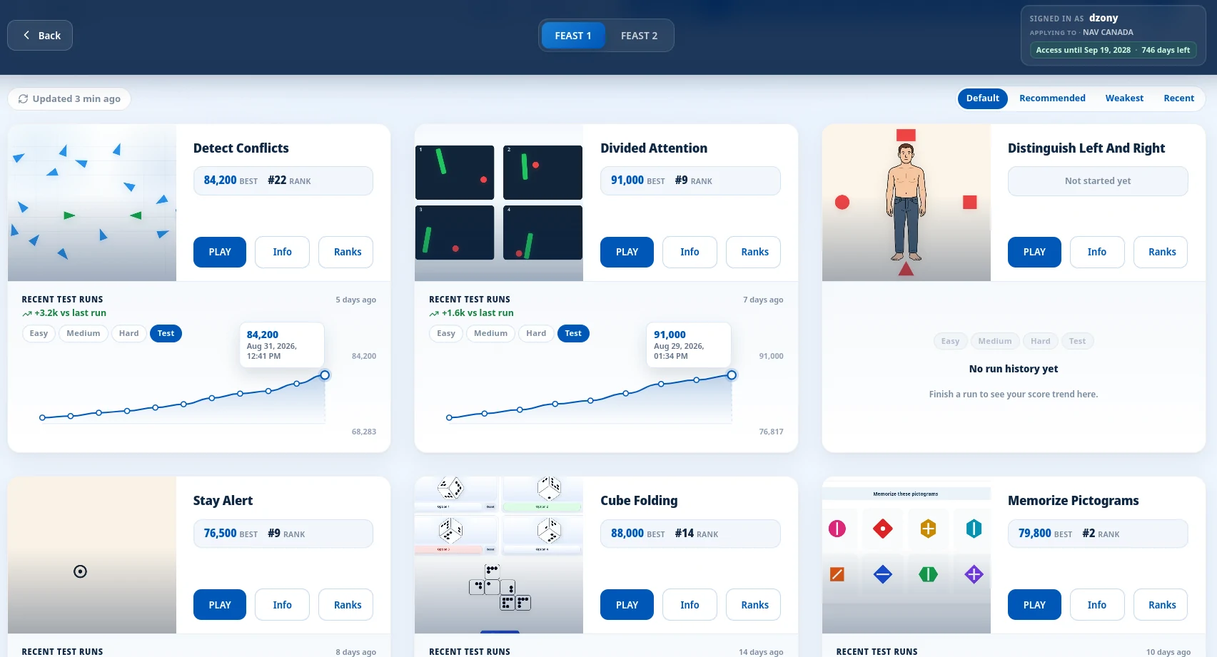 FEAST module grid with inline stats strip on each training module card