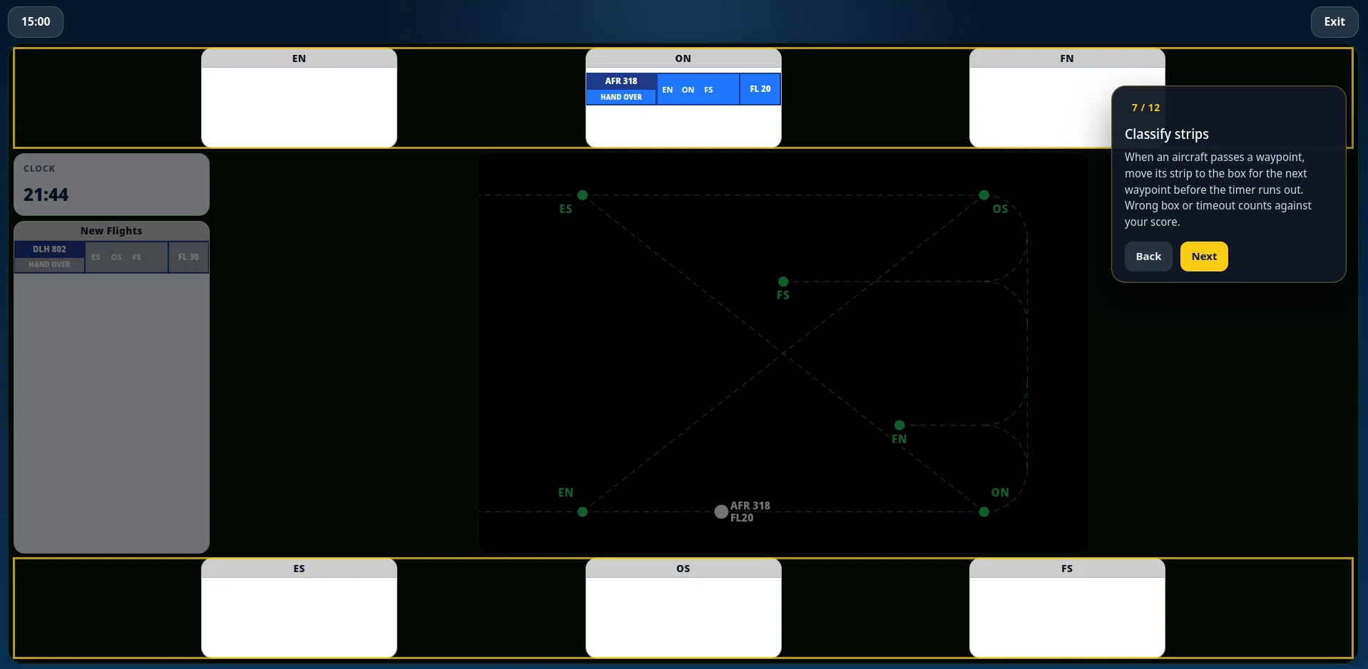 Multi Pass tutorial showing the radar map, waypoint boxes, and flight strips
