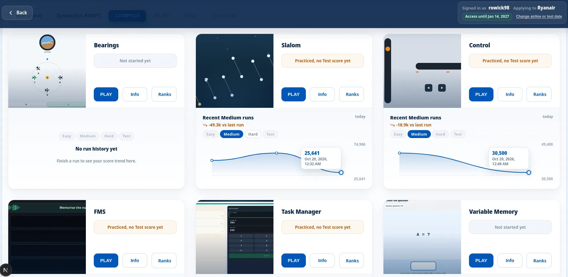 The COMPASS practice module list, covering bearings, control, memory, and spatial tasks.