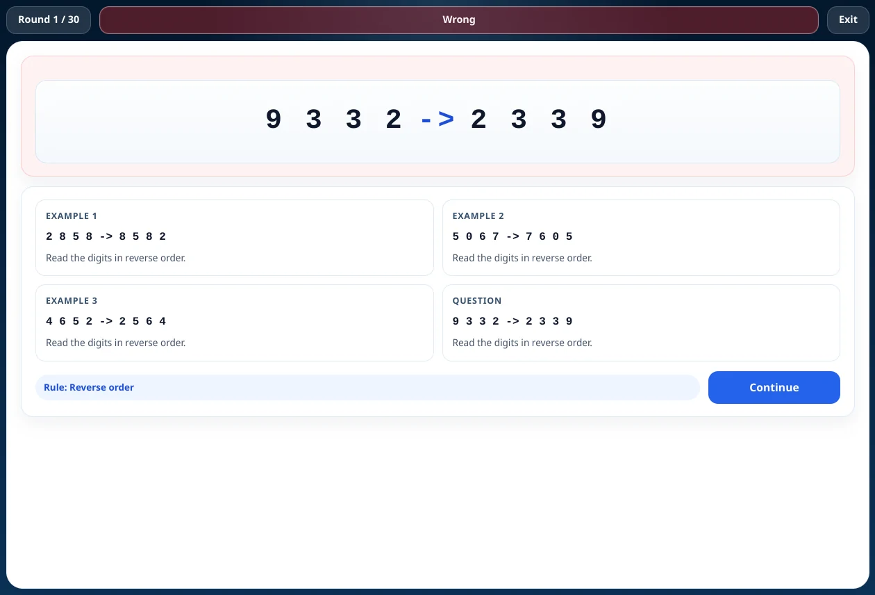 Coded reasoning practice task with pattern and rule application